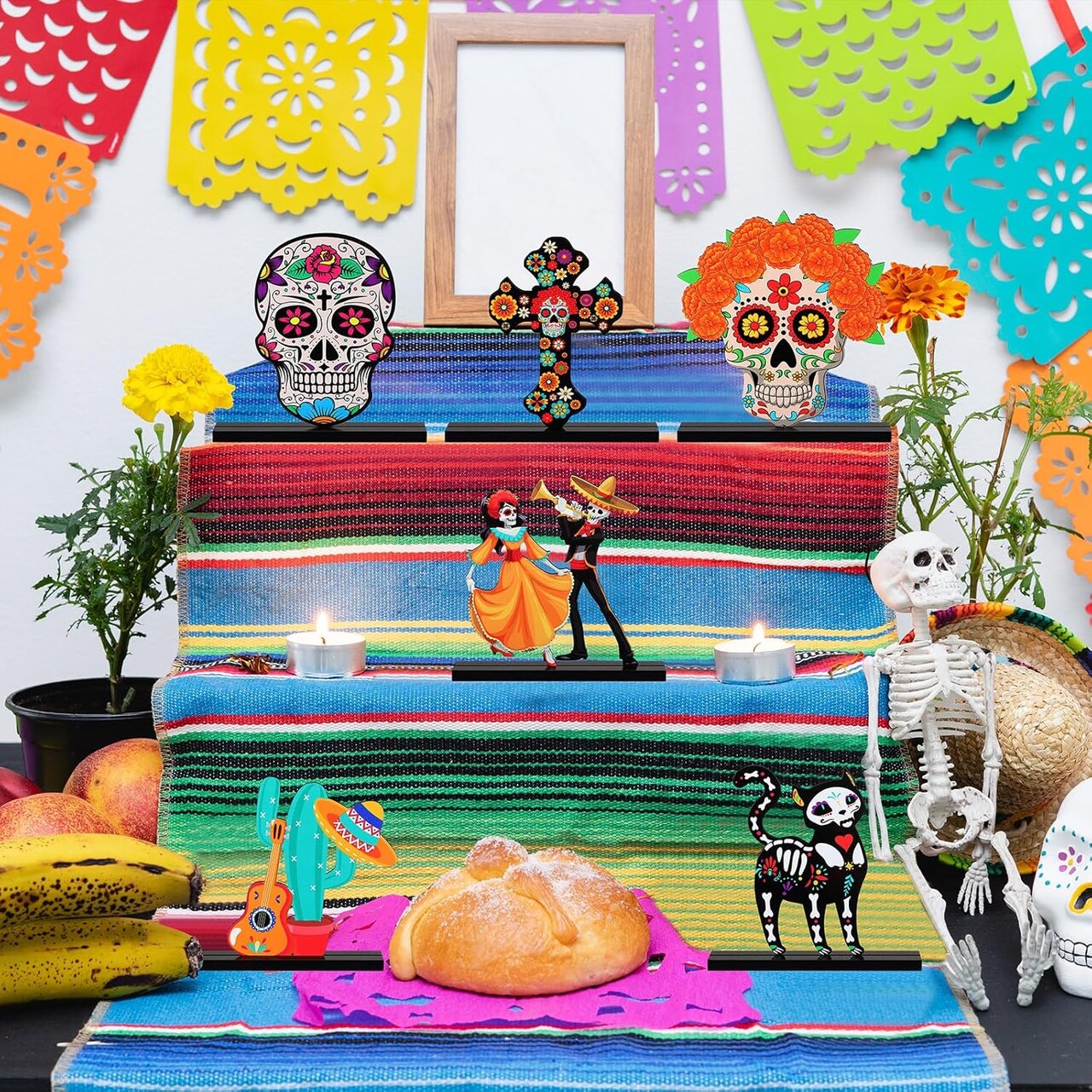 6 Pieces Day of The Dead Centerpieces for Parties Wooden Table Centerpieces Dia De Los Muertos Decorations Desk Day of The Dead Decorations Mexican Sugar Skull Signs for Halloween Party
